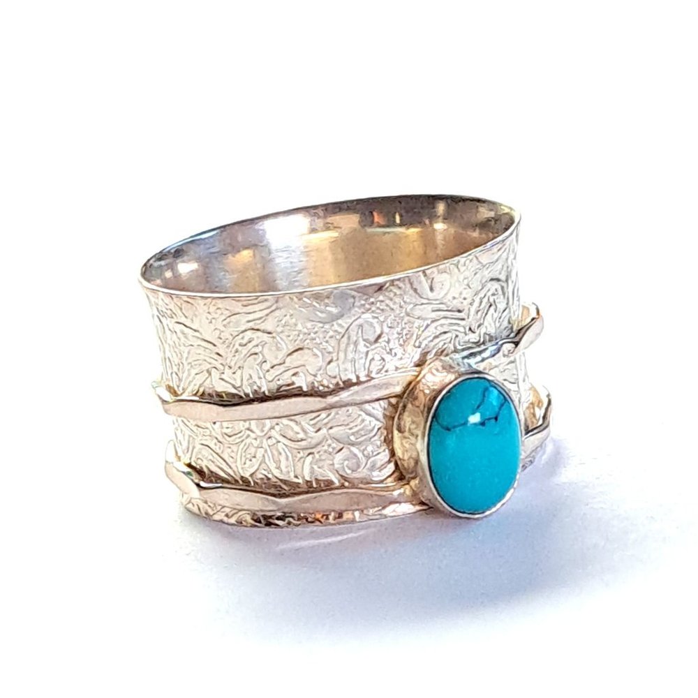 Natural Turquoise Steering Silver Meditation Fidget Spinner Ring - Picture 13 of 13